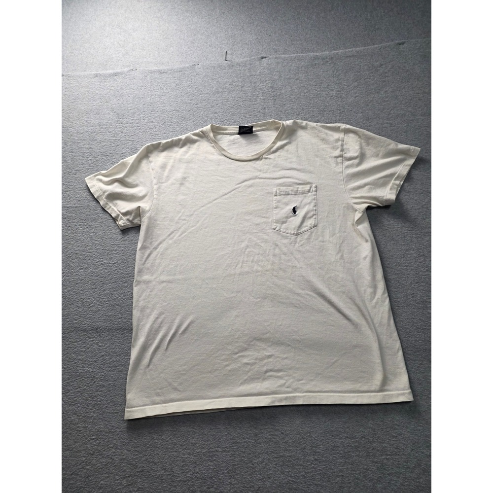 Polo Ralph Lauren Mens Cream Pocket T-Shirt Navy Blue Pony Logo Size M Cotton